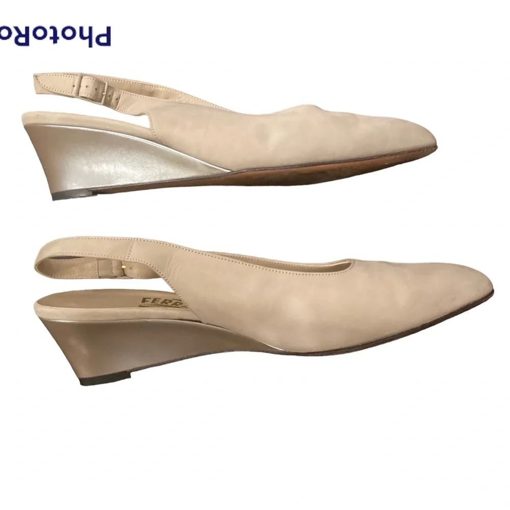 Salvatore Ferragamo Vintage suede sling back wedges cream - 9.5 EUC